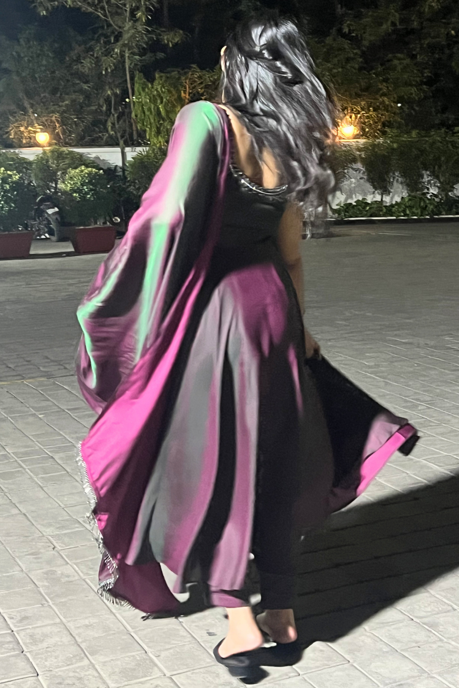 3 pc Suit - Purple Green Satin Sleeveless Anarkali with Glass Trim