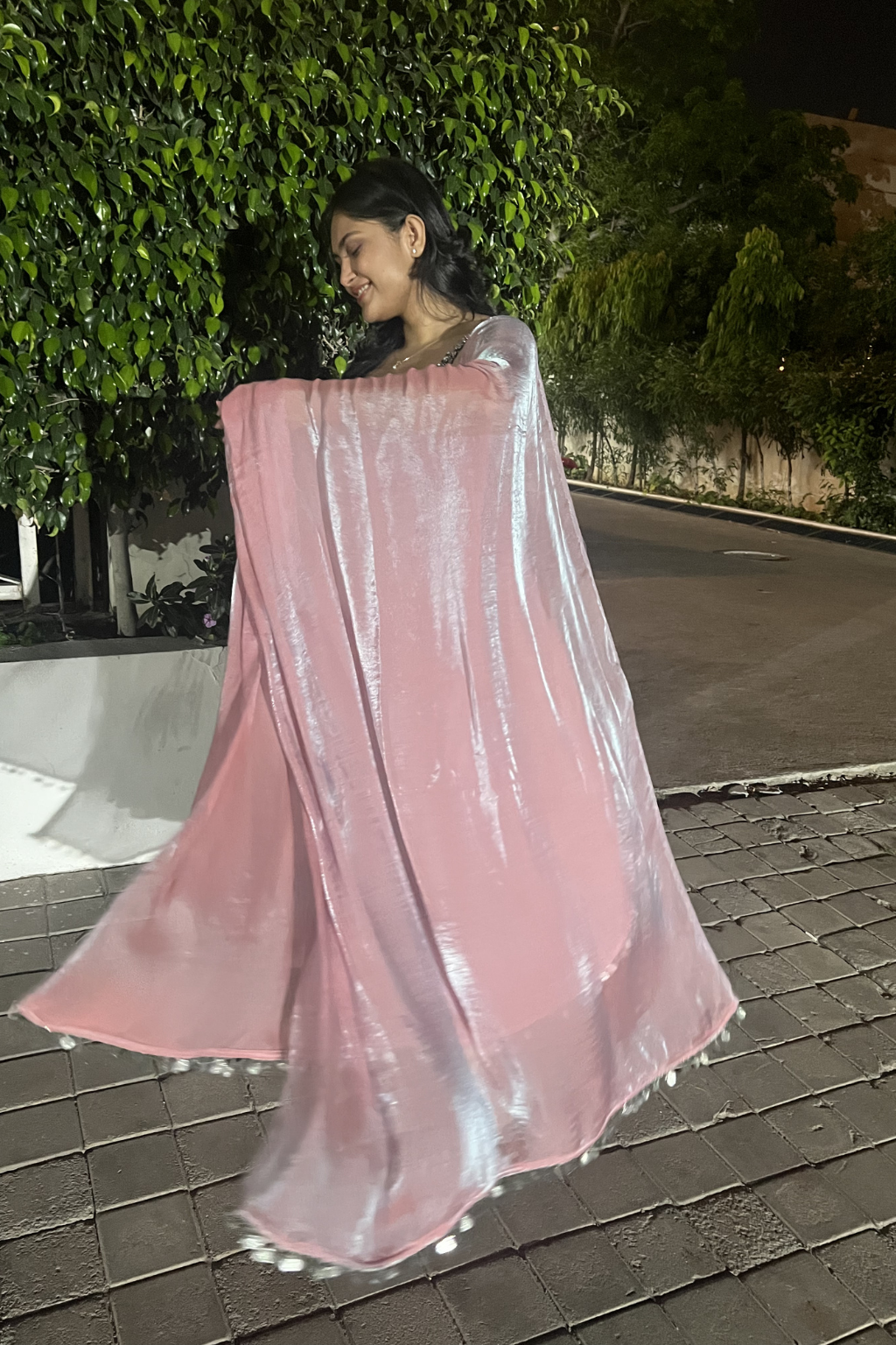 3 pc Suit - Pink Blue Metallic Sleeveless Anarkali with Glass Trim