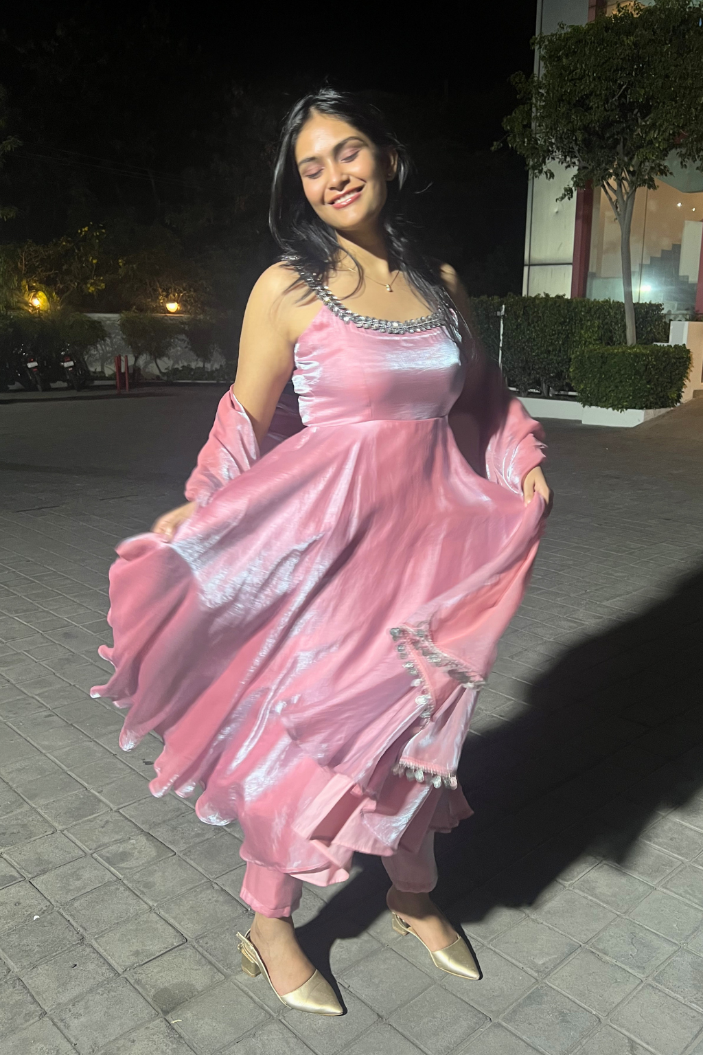 3 pc Suit - Pink Blue Metallic Sleeveless Anarkali with Glass Trim