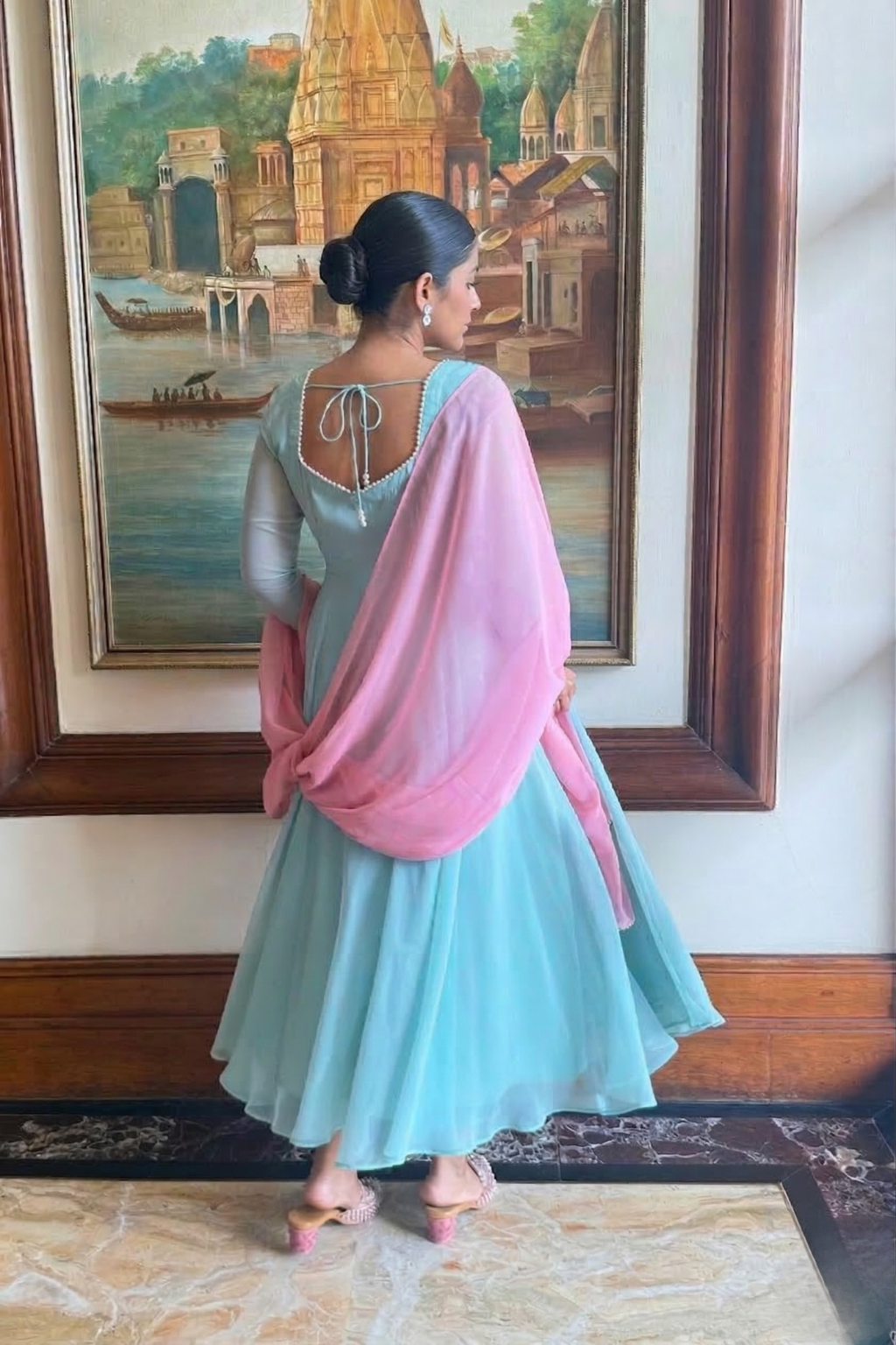 3 pc Suit Set -Light Blue Pearl Edge Georgette 3/4th Sleeve Anarkali with Pink Dupatta and Pants