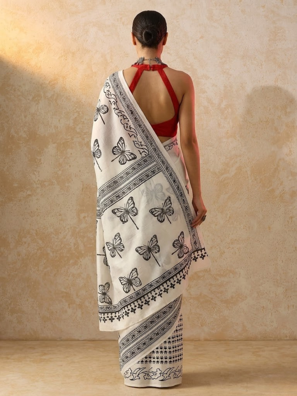 Butterfly White and Black Hand Block Cotton Saree with Red Printed Blouse