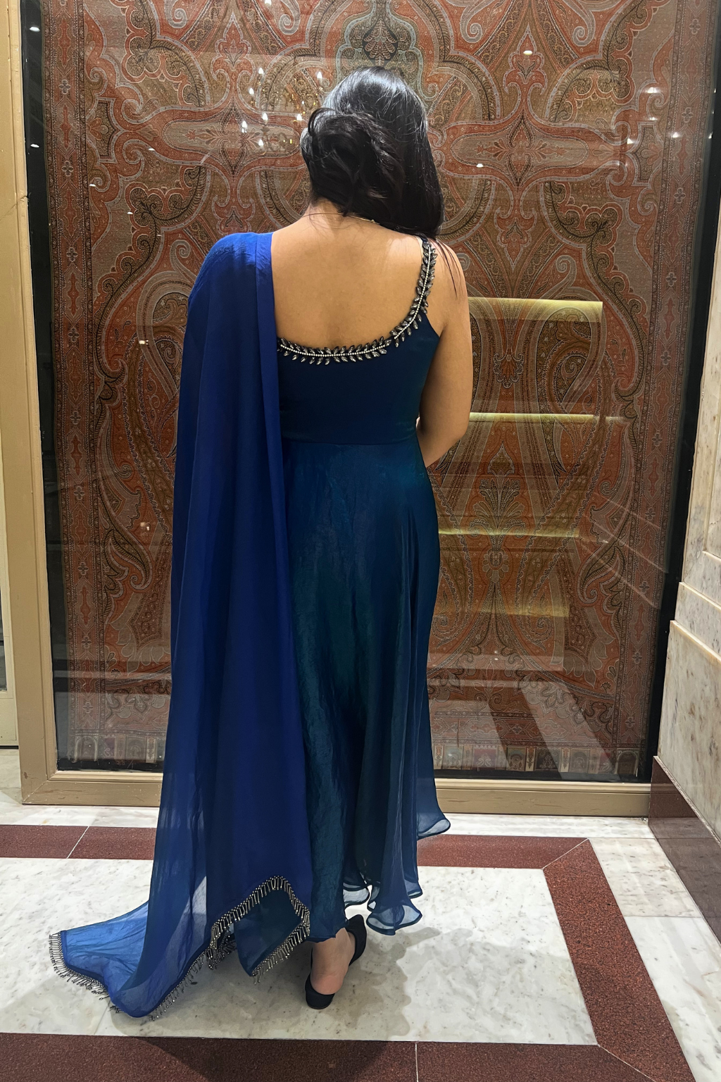 3 Pc Set -  Peacock Satin Sleeveless Anarkali Suit with Black Glass Beads Neckline with Pants and Dupatta