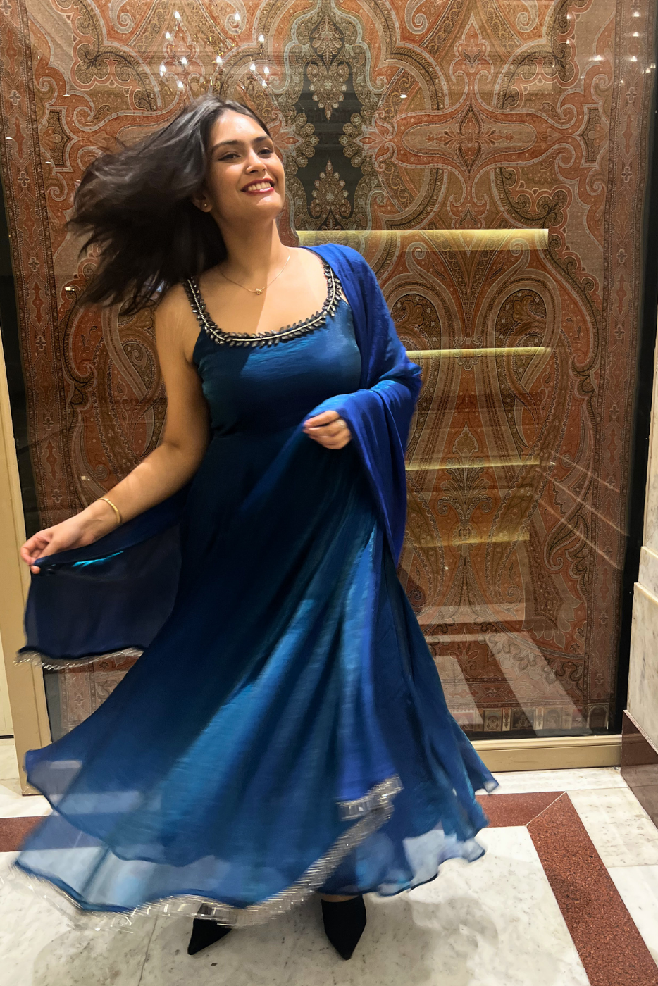 3 Pc Set -  Peacock Satin Sleeveless Anarkali Suit with Black Glass Beads Neckline with Pants and Dupatta