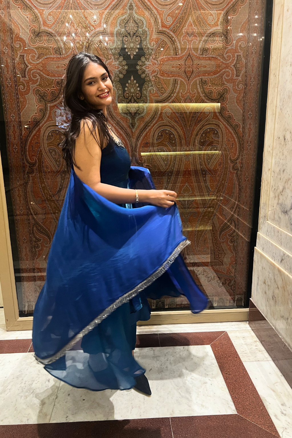 3 Pc Set -  Peacock Satin Sleeveless Anarkali Suit with Black Glass Beads Neckline with Pants and Dupatta