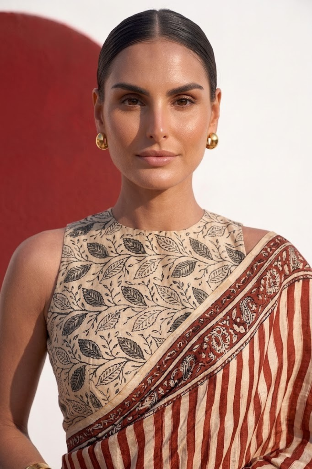 Gajji Silk Hand Block Red Stripe Printed Saree with Blouse Fabric