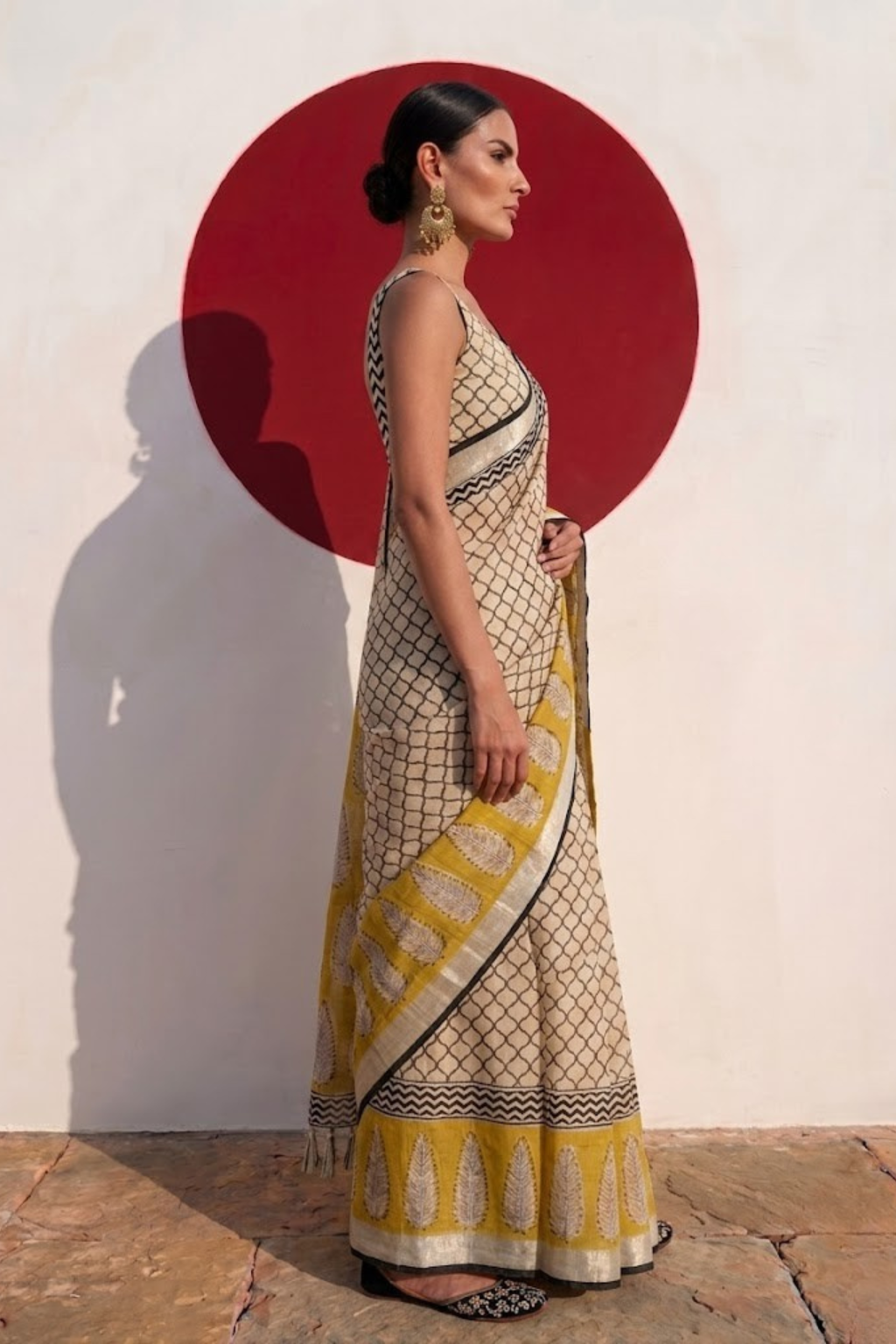 Cream and Yellow Hand Printed Geometrical Soft Cotton Saree