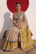 Cream and Yellow Hand Printed Geometrical Soft Cotton Saree