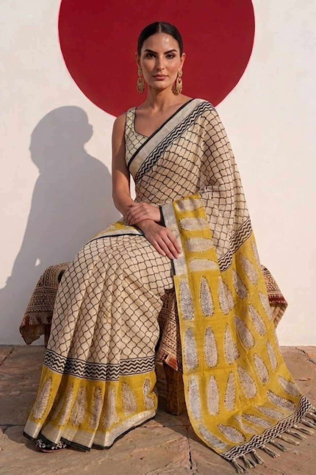 Cream and Yellow Hand Printed Geometrical Soft Cotton Saree