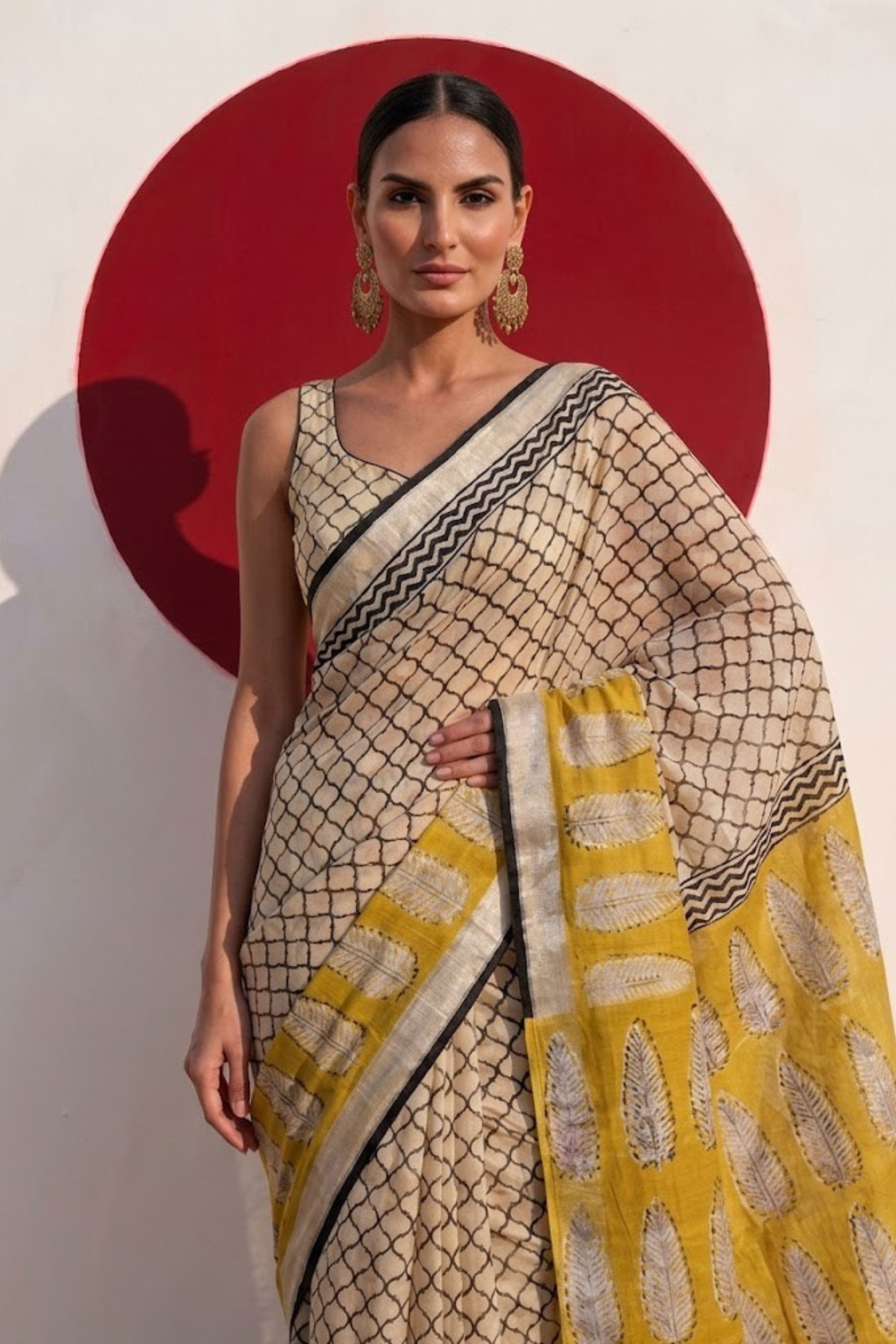 Cream and Yellow Hand Printed Geometrical Soft Cotton Saree