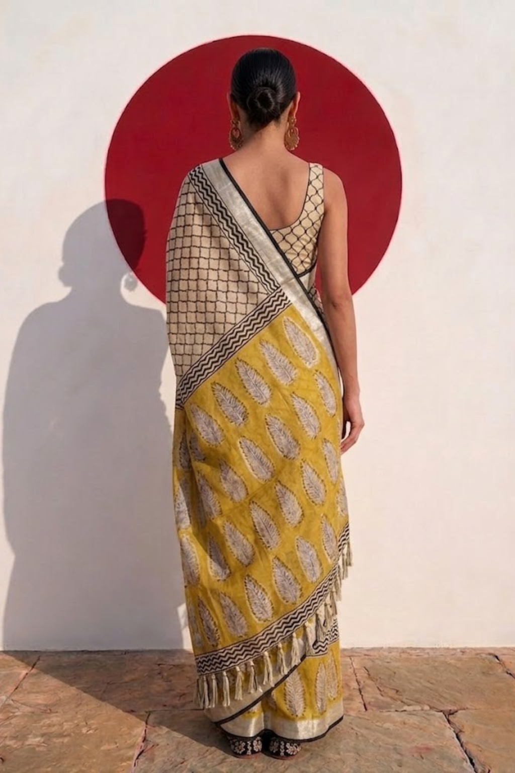 Cream and Yellow Hand Printed Geometrical Soft Cotton Saree