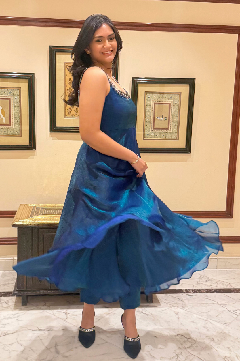 3 Pc Set -  Peacock Satin Sleeveless Anarkali Suit with Black Glass Beads Neckline with Pants and Dupatta