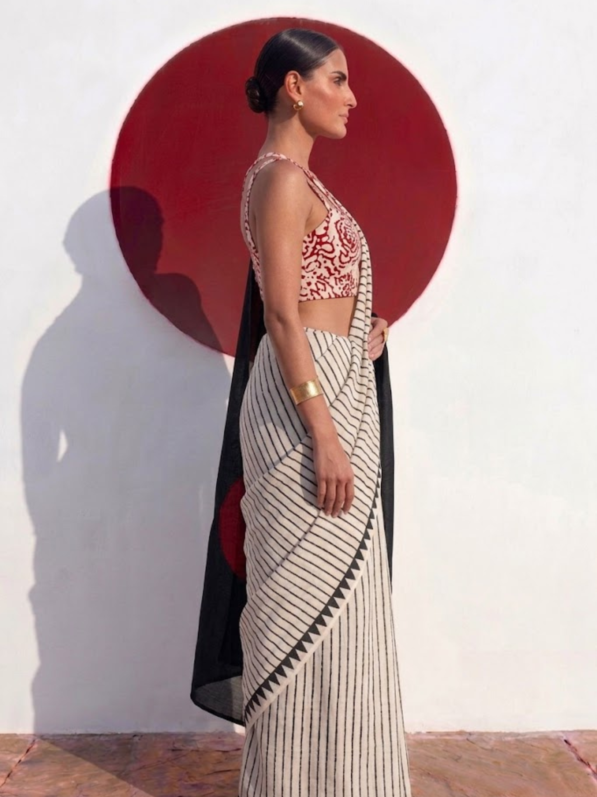 Modal Silk black white Stripe Hand Block Printed Saree with Red dot pallu and Blouse Fabric