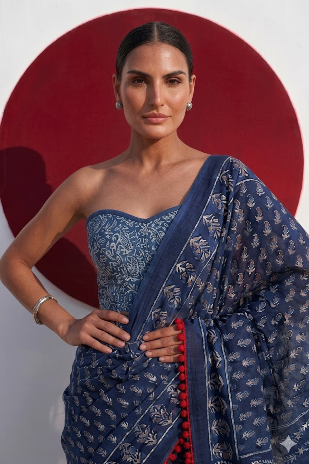 Indigo Hand Block Printed Saree with Red Lace and Blouse Fabric