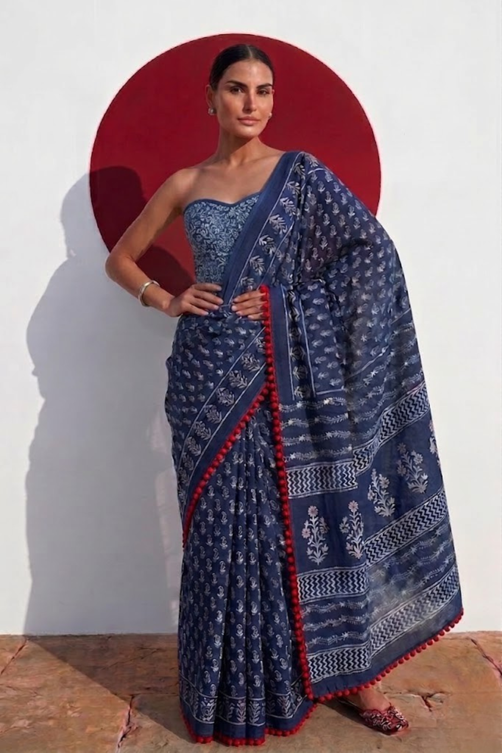 Indigo Hand Block Printed Saree with Red Lace and Blouse Fabric