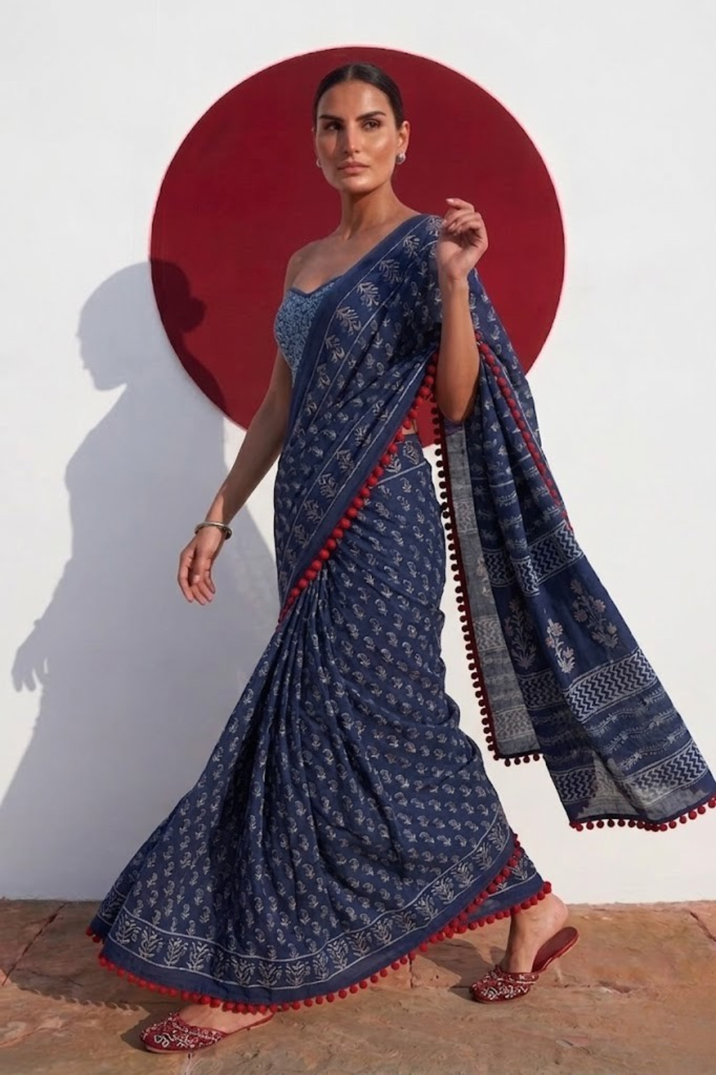 Indigo Hand Block Printed Saree with Red Lace and Blouse Fabric