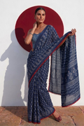 Indigo Hand Block Printed Saree with Red Lace and Blouse Fabric