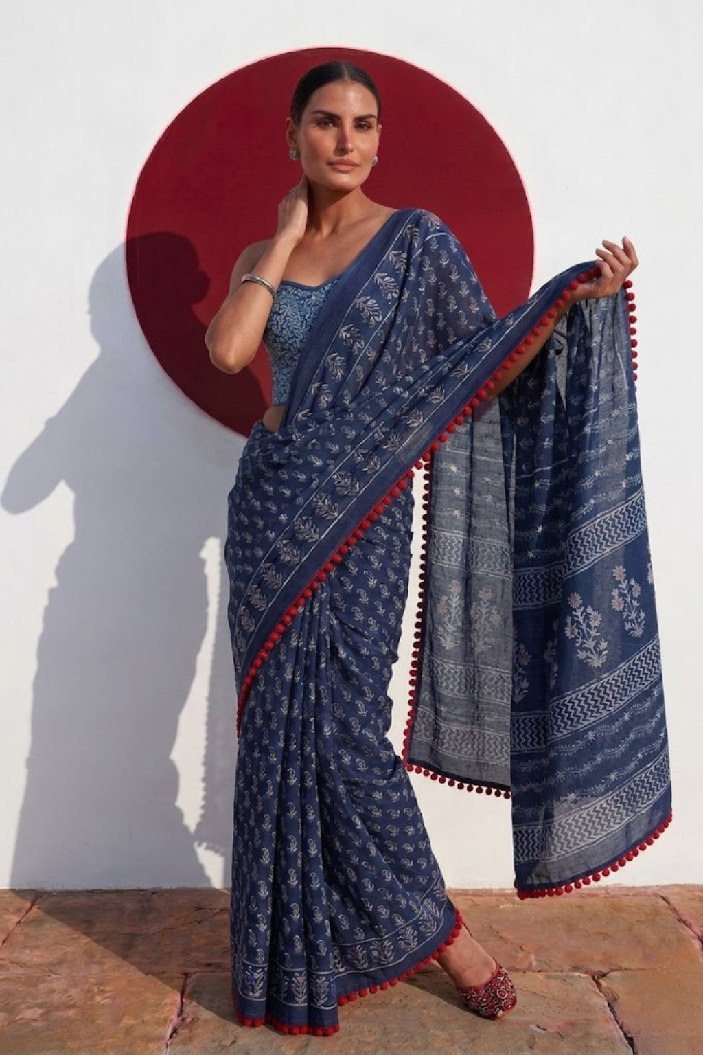 Indigo Hand Block Printed Saree with Red Lace and Blouse Fabric