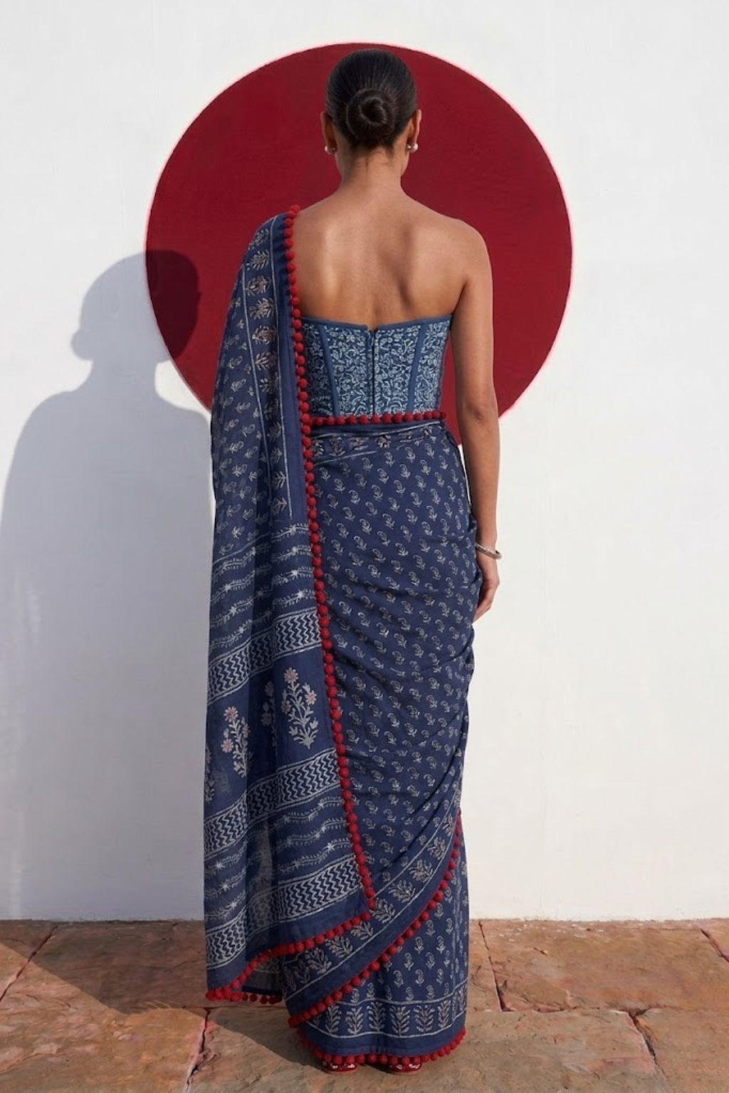 Indigo Hand Block Printed Saree with Red Lace and Blouse Fabric
