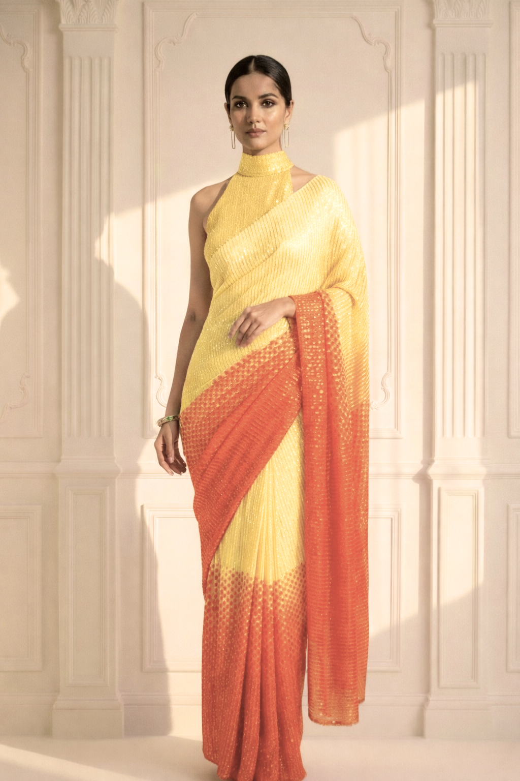 Yellow and Orange Ombre' Knitted Sequin Saree with Blouse Fabric