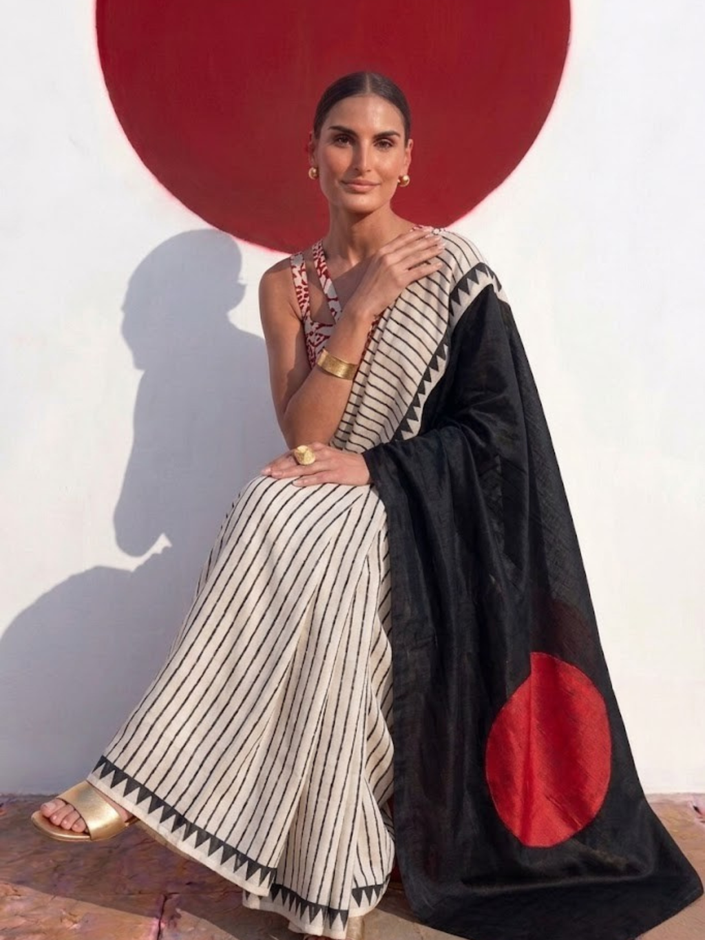 Modal Silk black white Stripe Hand Block Printed Saree with Red dot pallu and Blouse Fabric
