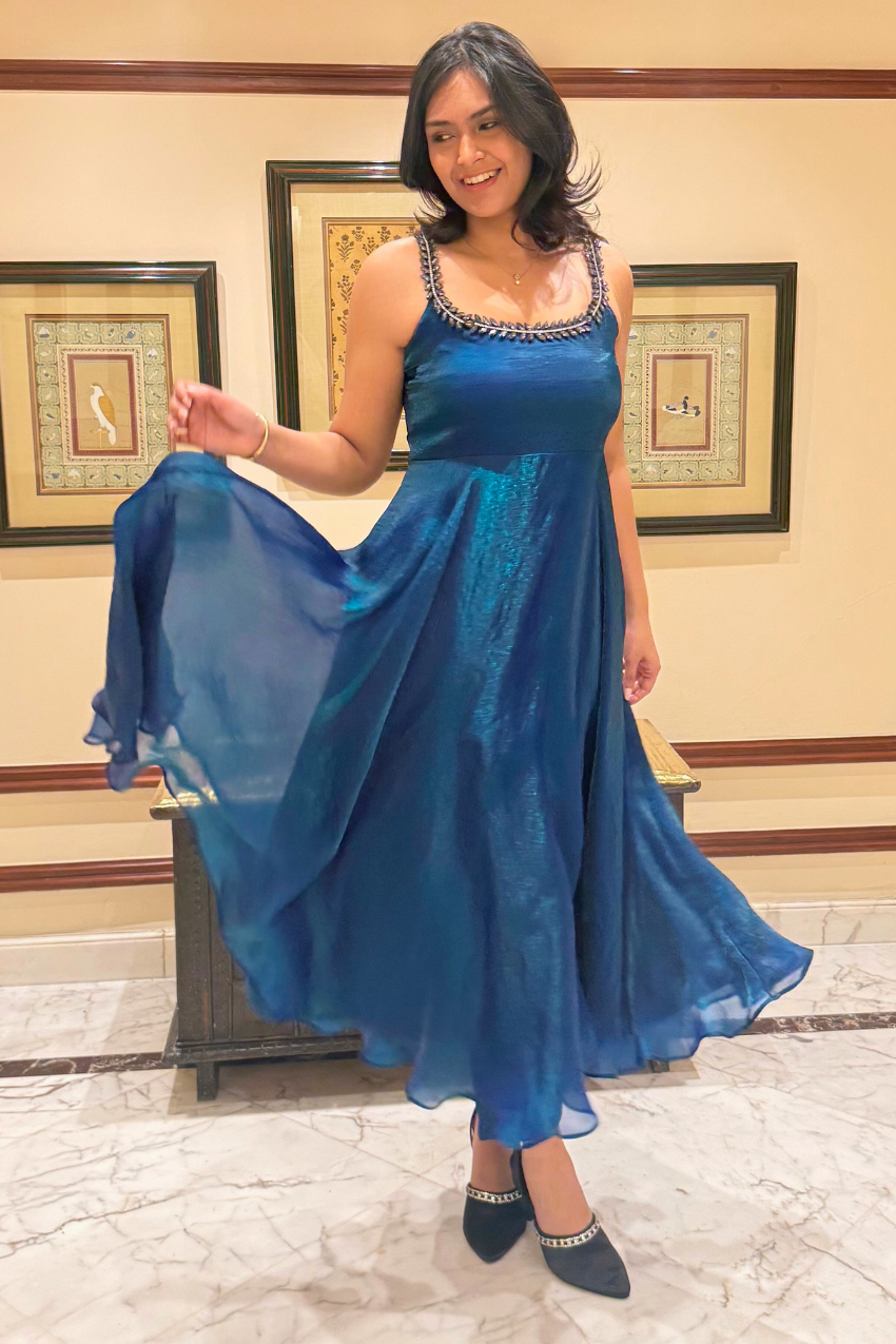 3 Pc Set -  Peacock Satin Sleeveless Anarkali Suit with Black Glass Beads Neckline with Pants and Dupatta