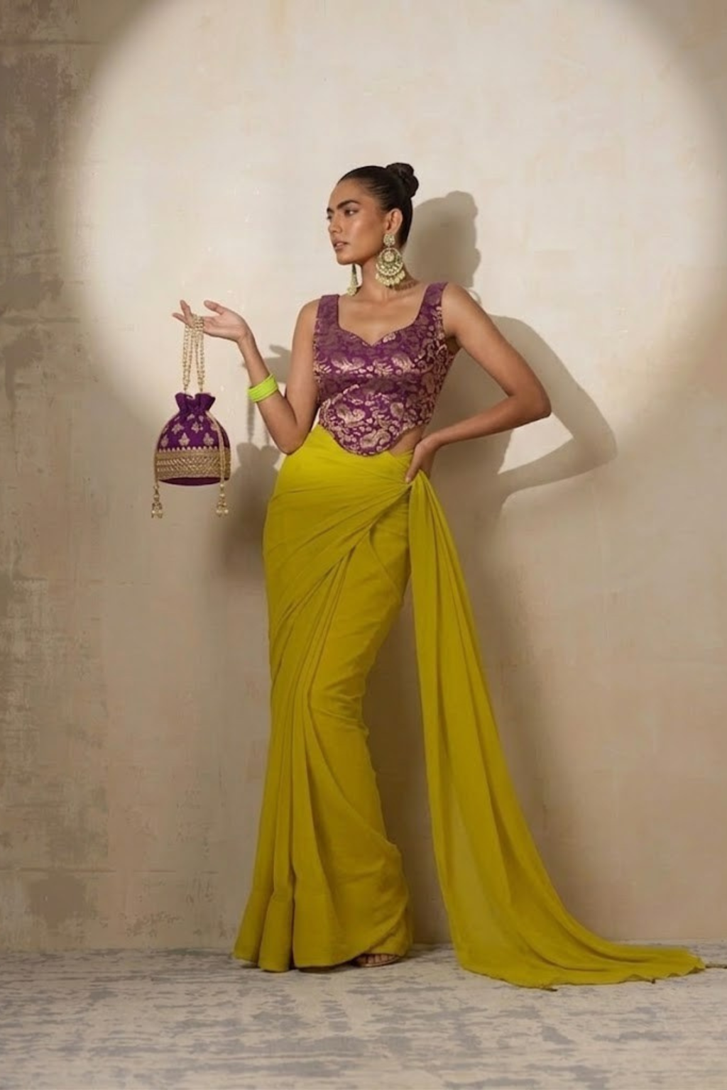 With Stitched Blouse - Purple Brocade Blouse with Yellow Chiffon Saree (Blouse has sleeve attached)