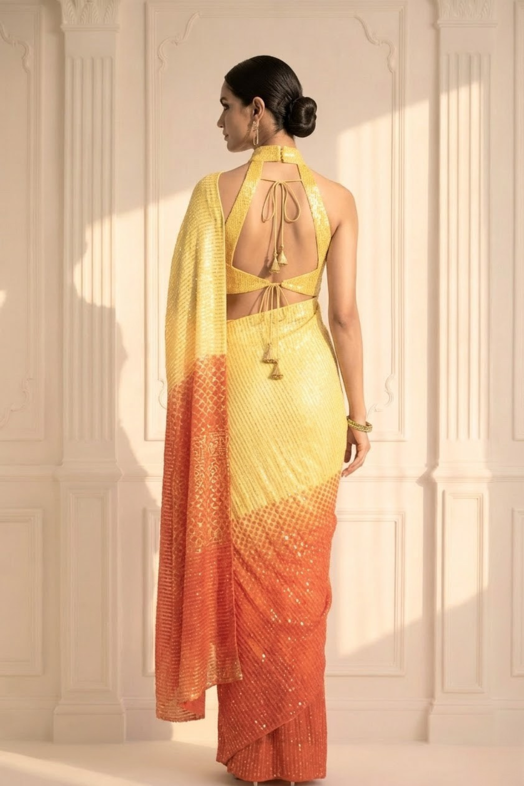 Yellow and Orange Ombre' Knitted Sequin Saree with Blouse Fabric