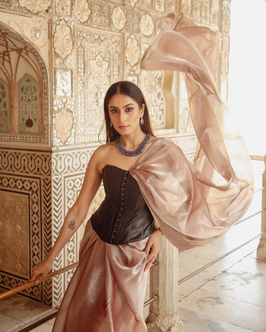 Peach Silver Pearl Silky Organza Saree with Diamond Lace and Self Blouse Fabric