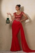 With Stitched Blouse -Red Brocade Blouse with Red Chiffon Saree (Blouse has sleeve attached)