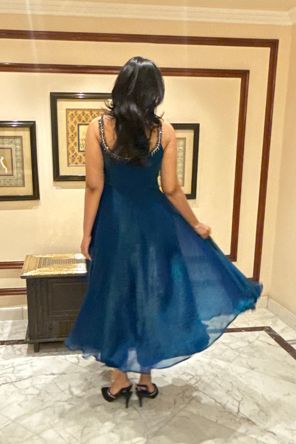 3 Pc Set -  Peacock Satin Sleeveless Anarkali Suit with Black Glass Beads Neckline with Pants and Dupatta