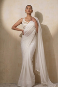 With Stitched Blouse - White Brocade Blouse with White Chiffon Saree (Blouse has sleeve attached)