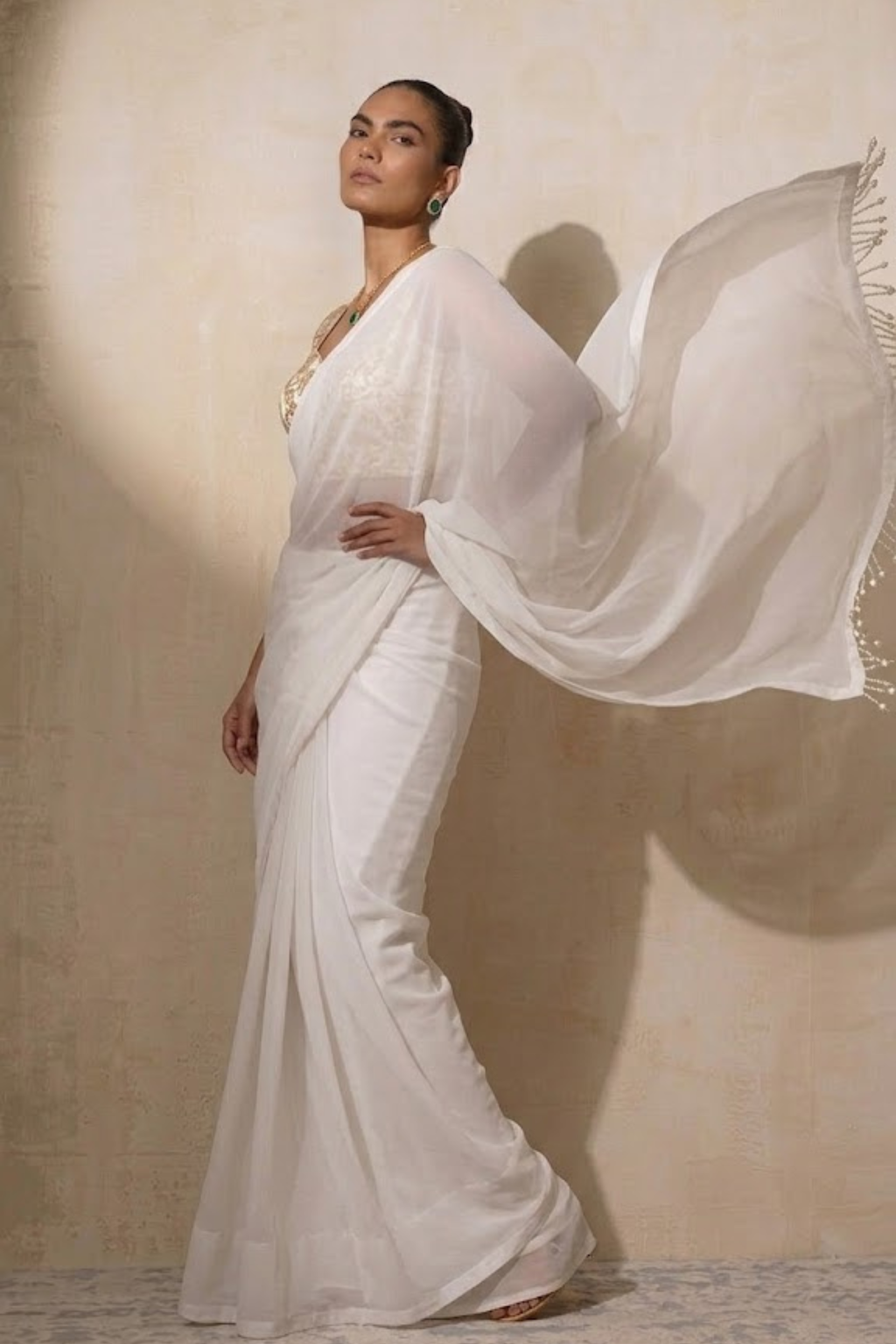 With Stitched Blouse - White Brocade Blouse with White Chiffon Saree (Blouse has sleeve attached)