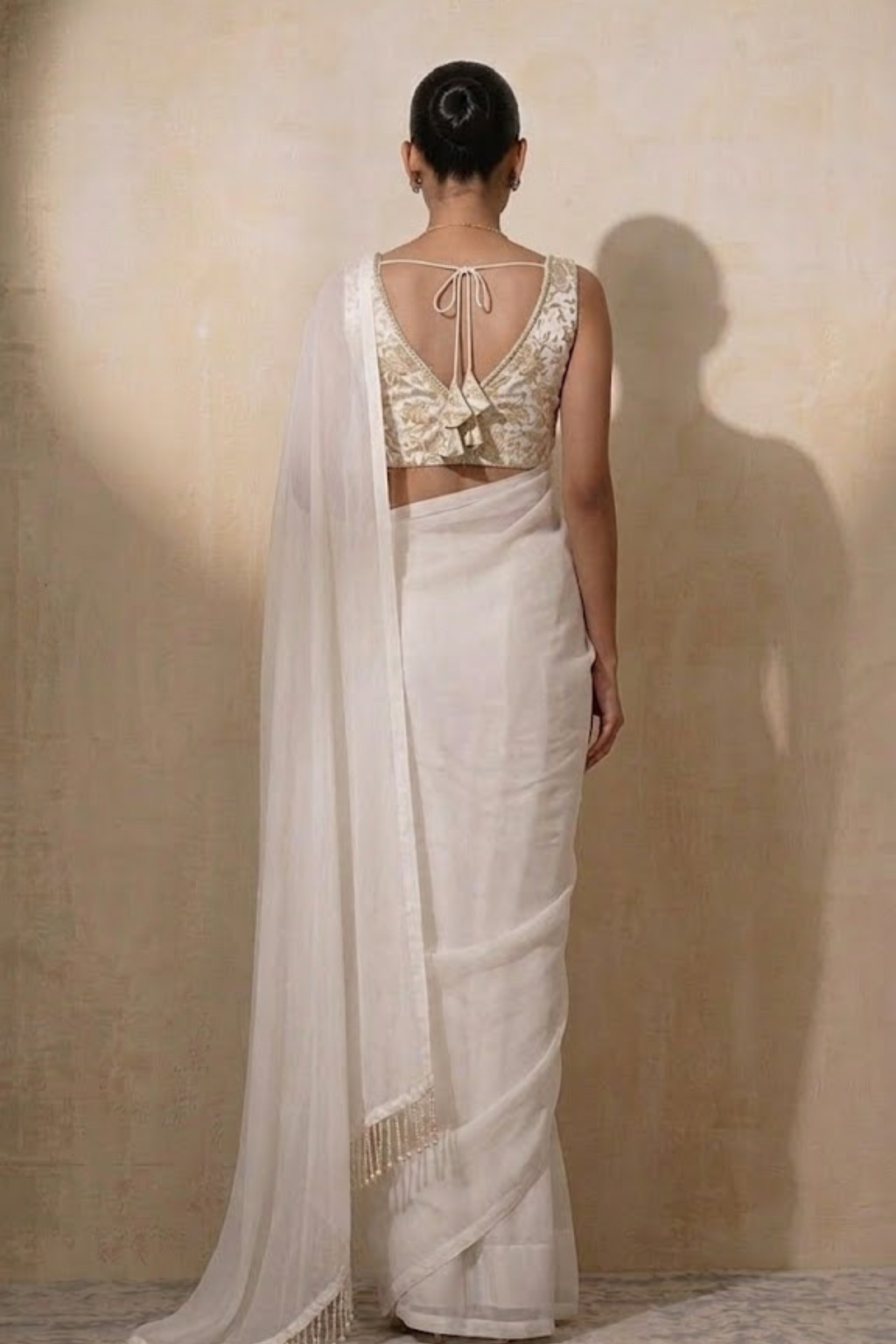 With Stitched Blouse - White Brocade Blouse with White Chiffon Saree (Blouse has sleeve attached)