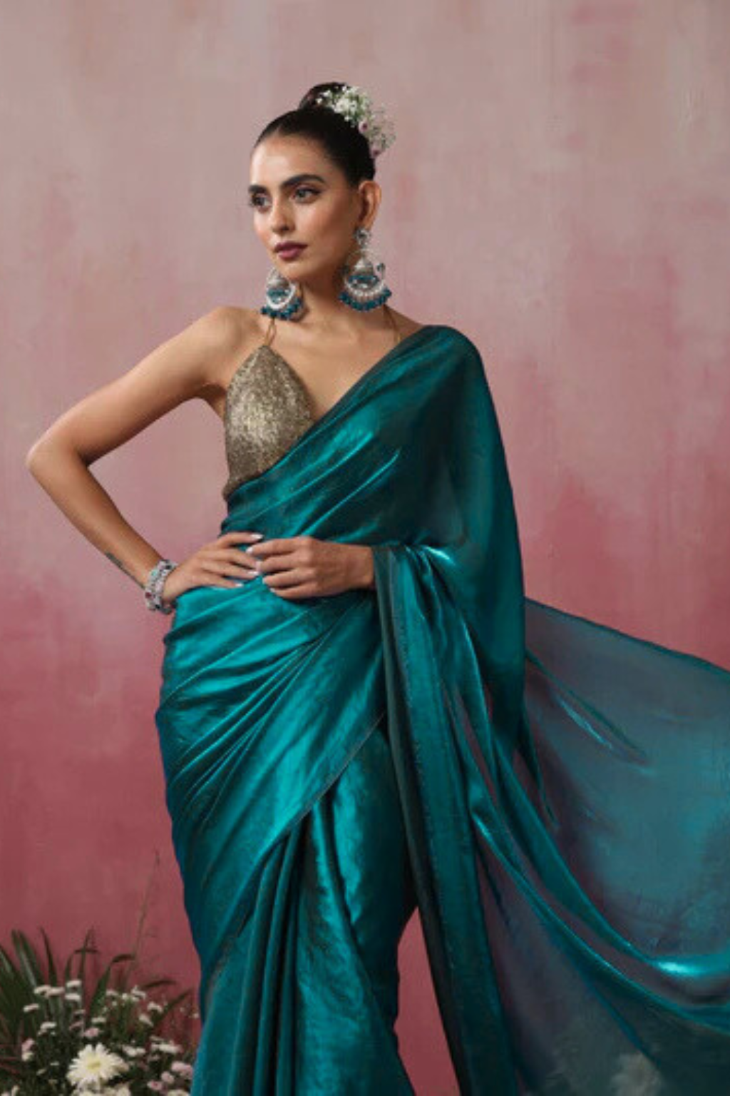Green Metallic Satin Saree with Pendants and Blouse Fabric