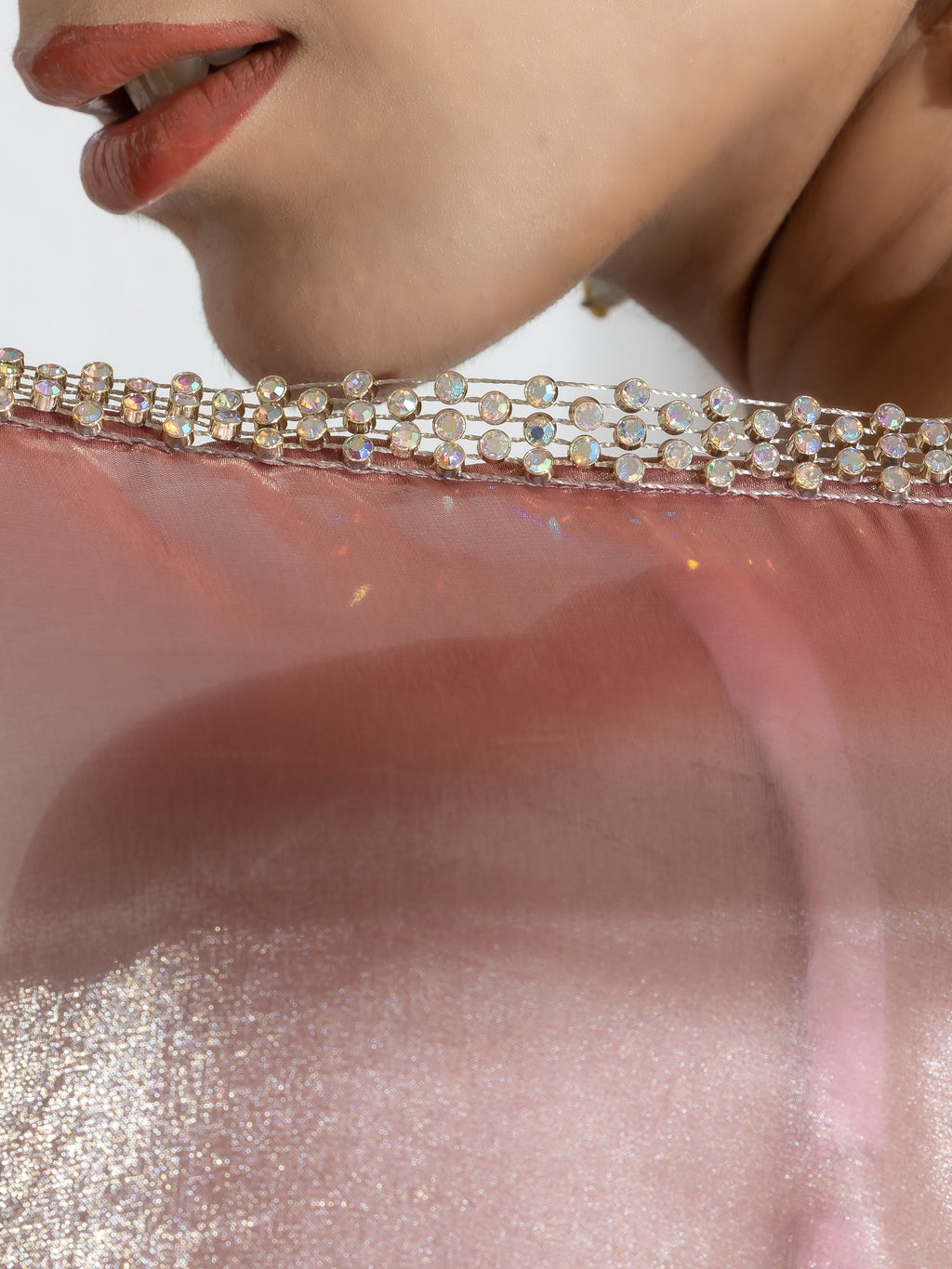 Mettalic Bloom Organza Satin Saree  with Diamond Studs and Self Blouse Fabric