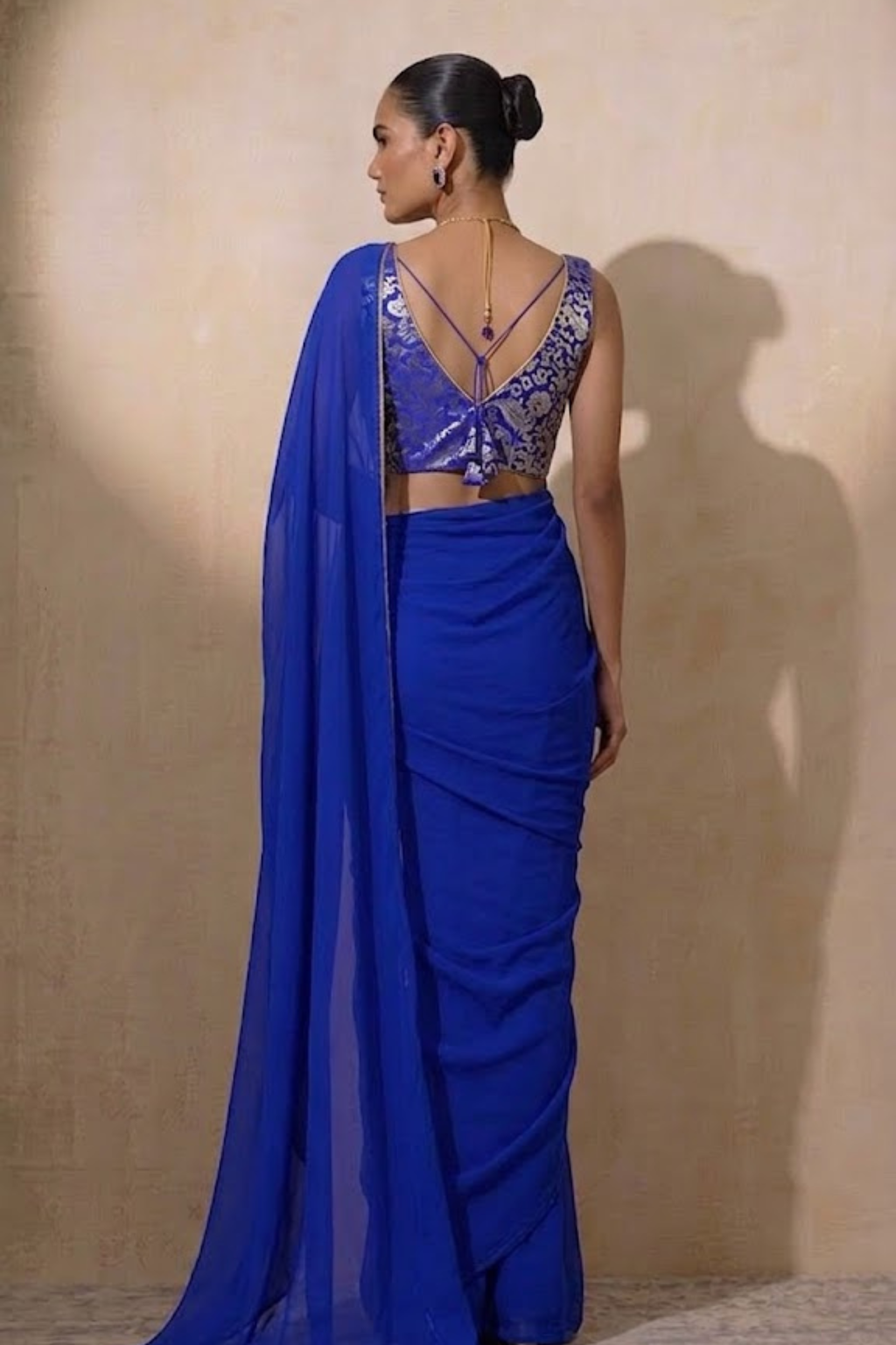 With Stitched Blouse - Blue Brocade Blouse with Royal Blue Chiffon Saree (Blouse has sleeve attached)