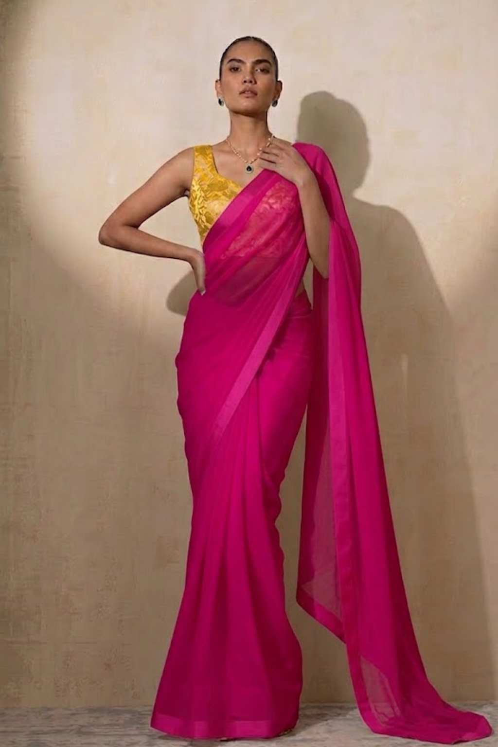 With Stitched Blouse - Yellow Brocade Blouse with Pink Chiffon Saree (Blouse has sleeve attached)