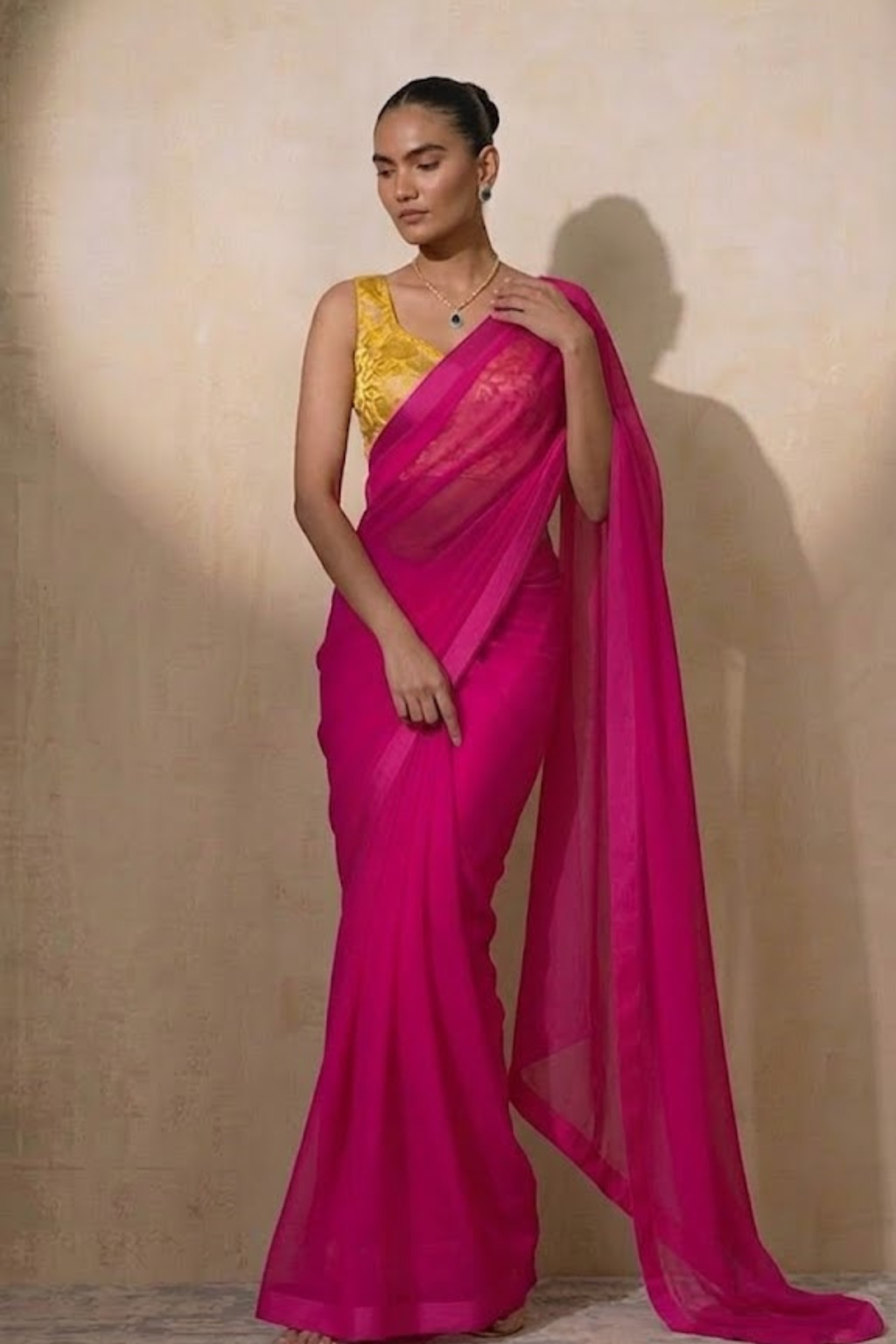 With Stitched Blouse - Yellow Brocade Blouse with Pink Chiffon Saree (Blouse has sleeve attached)