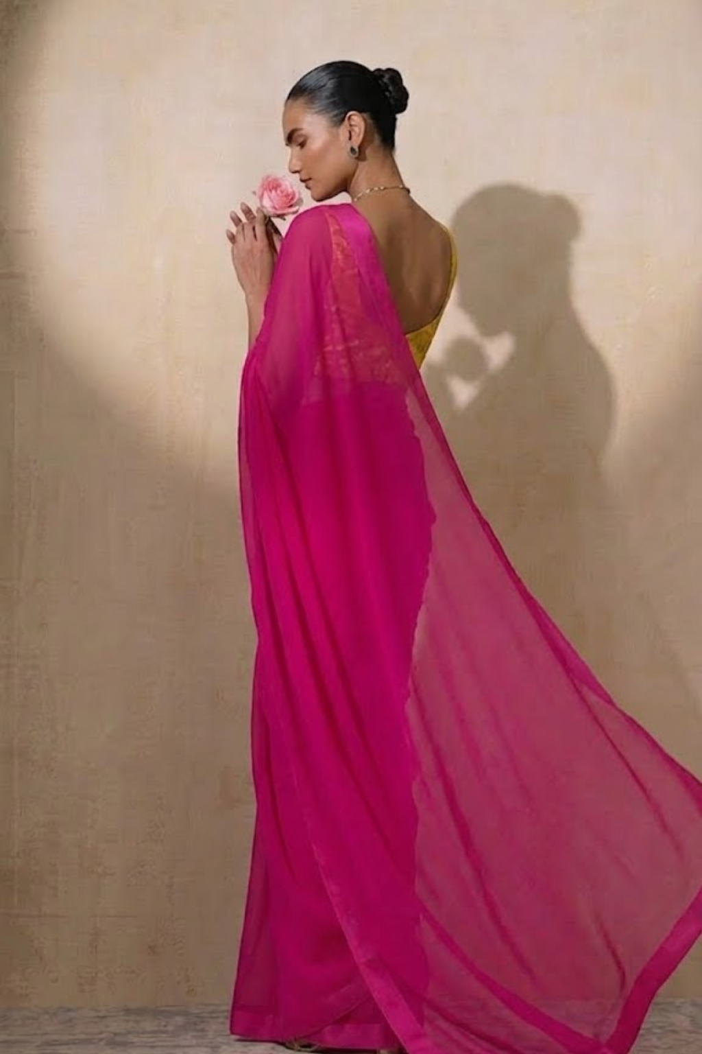 With Stitched Blouse - Yellow Brocade Blouse with Pink Chiffon Saree (Blouse has sleeve attached)
