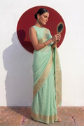 Dola Mint Border Silk saree with Zari Border and Blouse Fabric