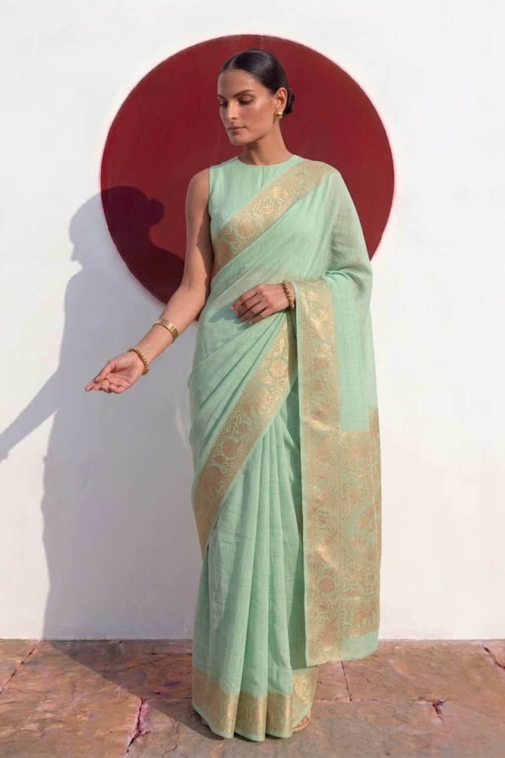 Dola Mint Border Silk saree with Zari Border and Blouse Fabric
