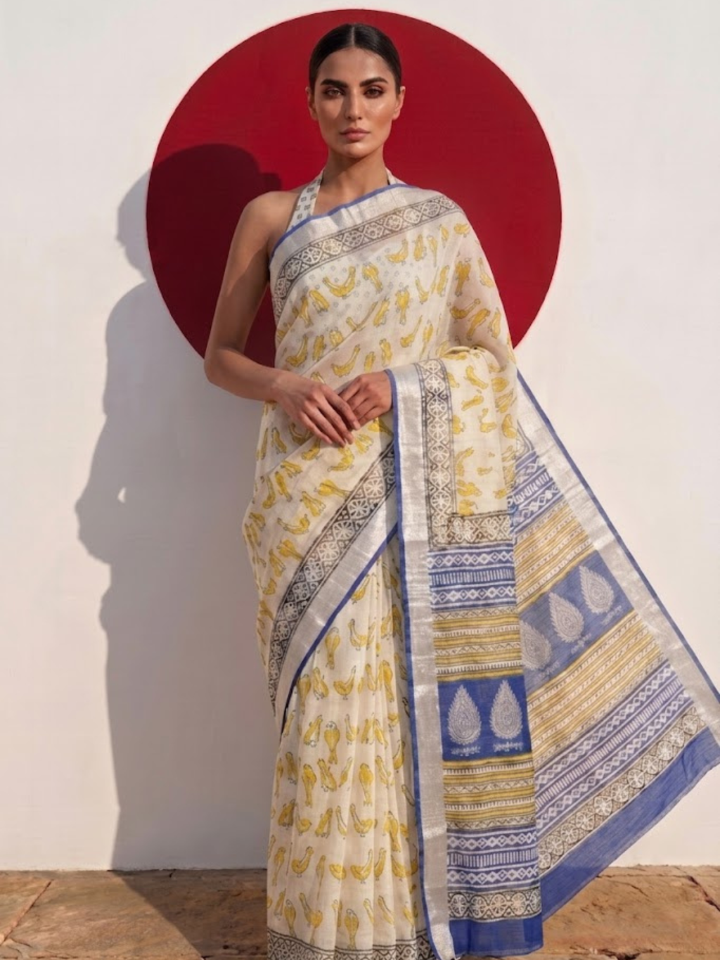 Cream and Blue Yellow Hand Printed Soft Cotton Saree with Blouse Fabric