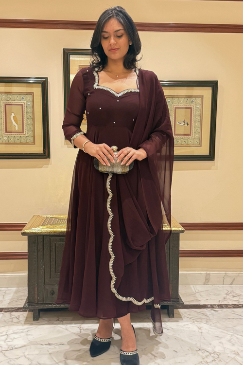 3 pc Suit Set -Chocolate Georgette 3/4th Sleeve Anarkali with Embroidery and Dupatta with Pants
