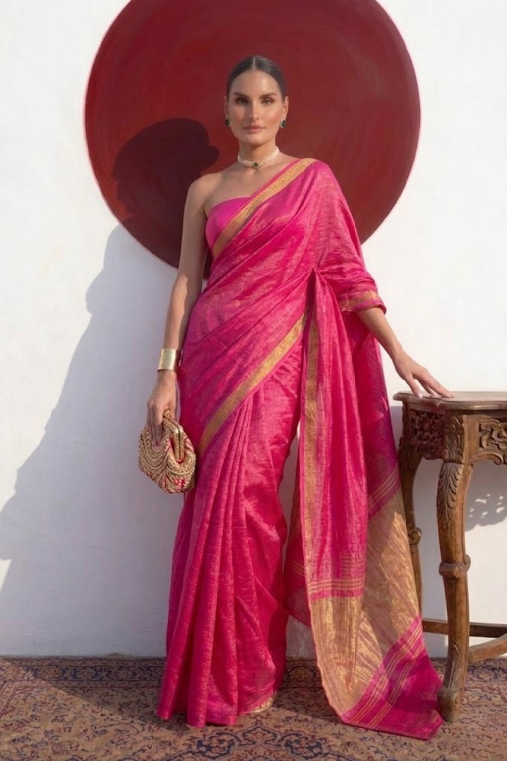 Gajji Pink Silk Saree with Zari Pallu with Blouse Fabric