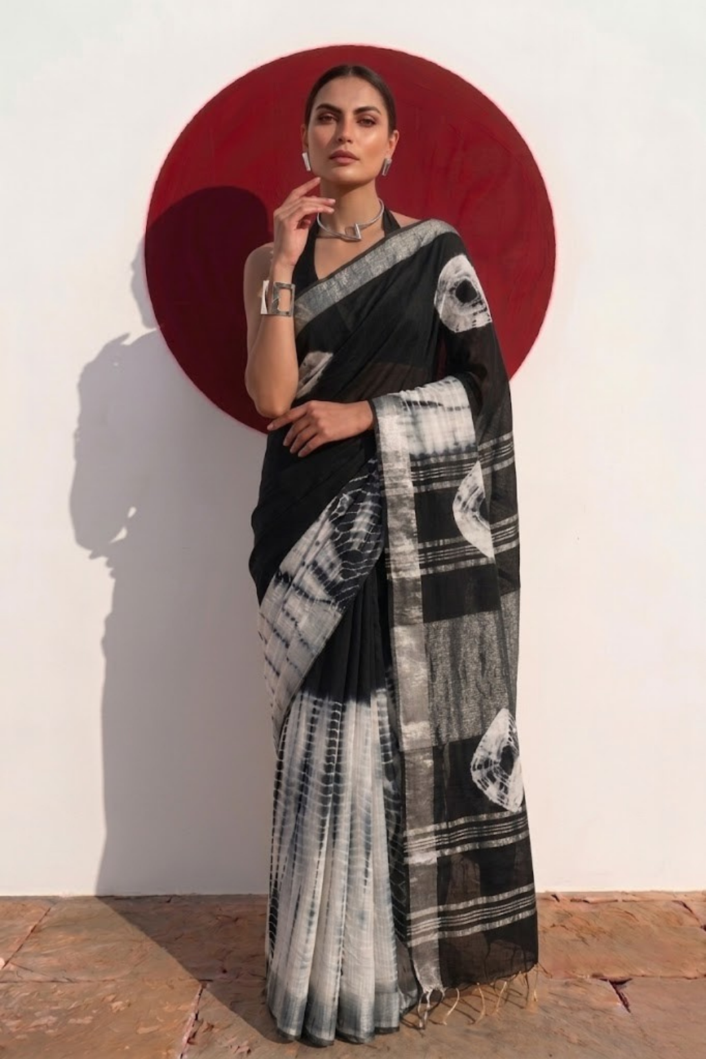 Black and White Hand Tie Dye Soft Cotton Saree