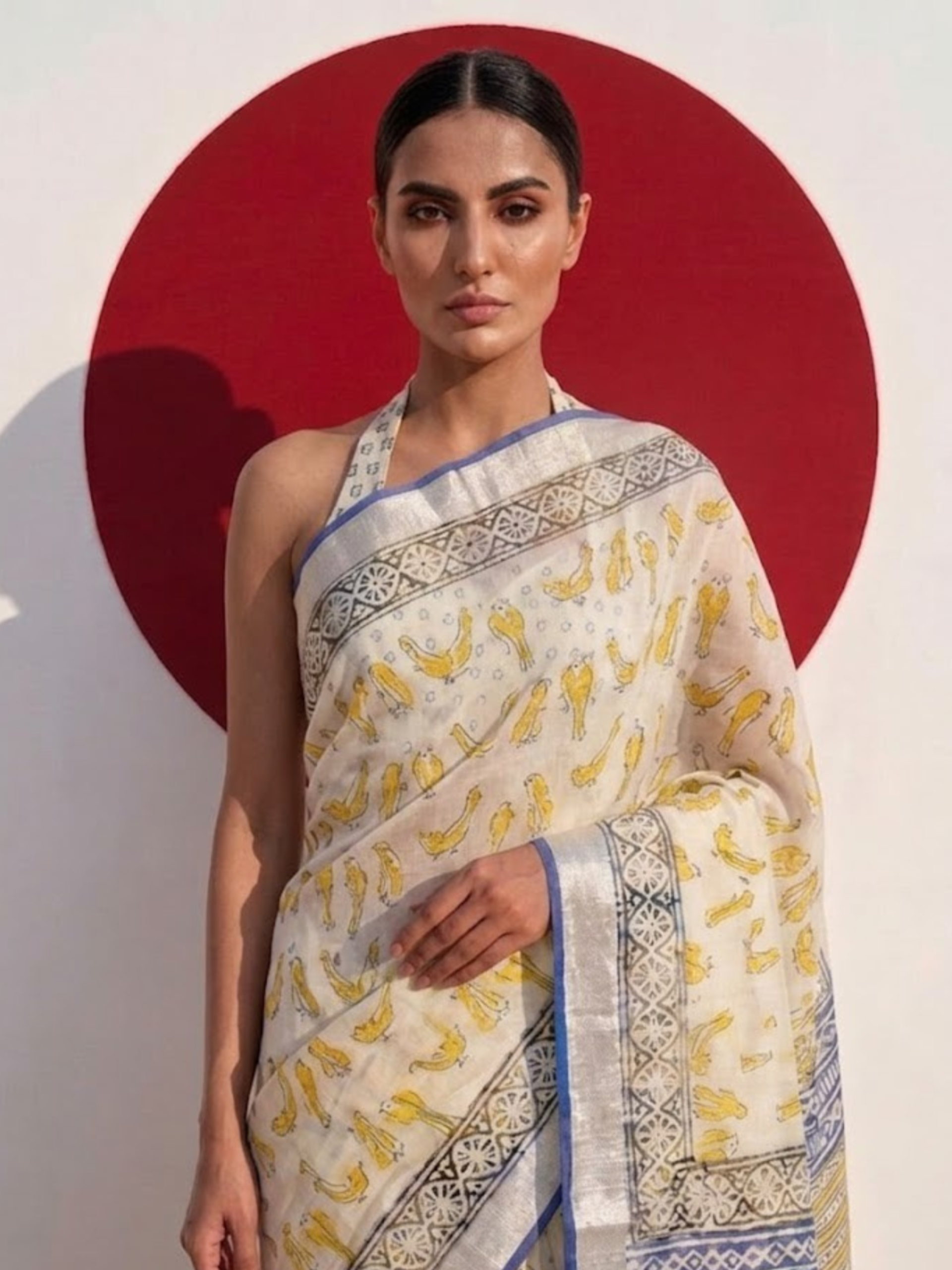 Cream and Blue Yellow Hand Printed Soft Cotton Saree with Blouse Fabric