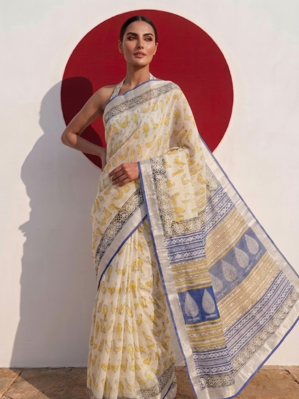 Cream and Blue Yellow Hand Printed Soft Cotton Saree with Blouse Fabric