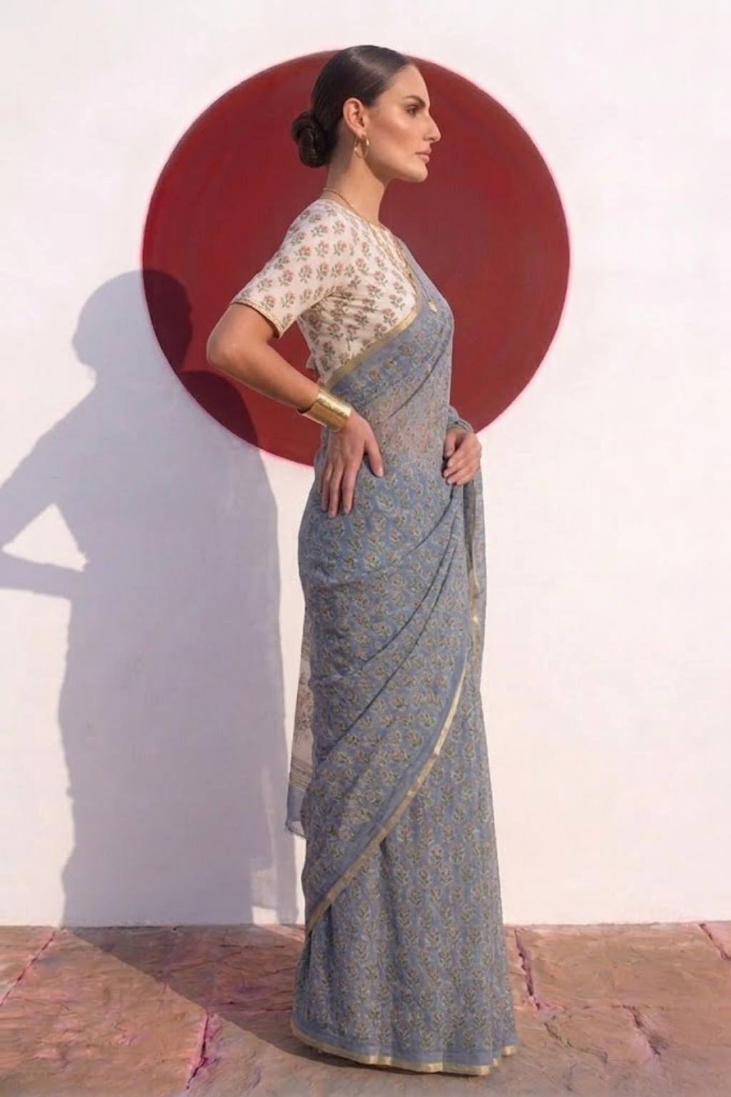 Blue Pure Silk Chiffon Printed Saree with Blouse Fabric