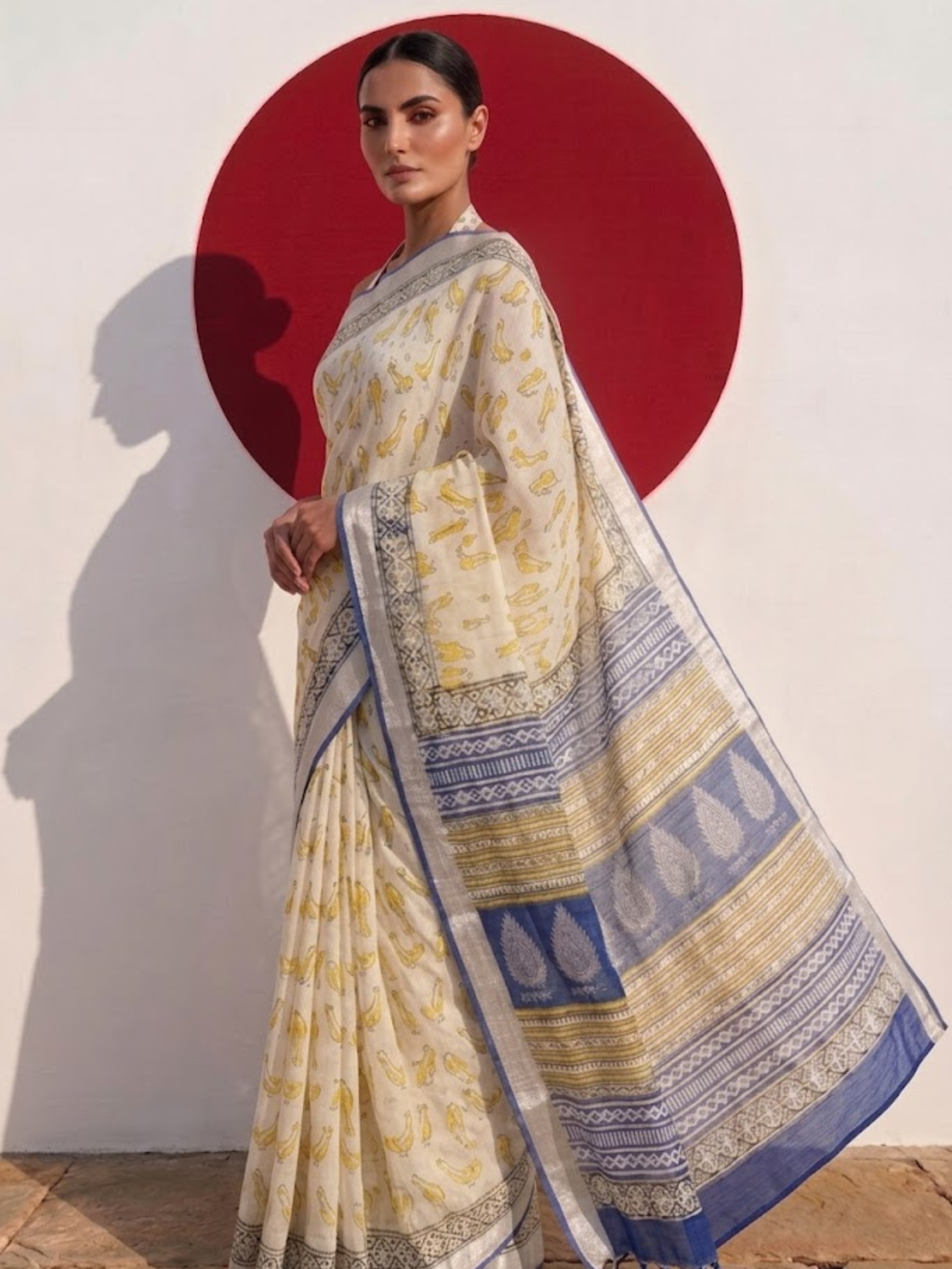 Cream and Blue Yellow Hand Printed Soft Cotton Saree with Blouse Fabric
