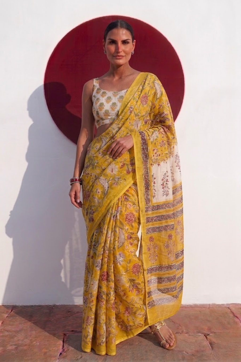 Yellow Pure Silk Chiffon Printed Saree with Blouse Fabric